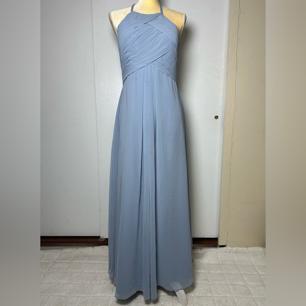Azazie Dusty Blue Chiffon Bridesmaid Dress A-Line Halter Size A8 - Picture 4 of 12